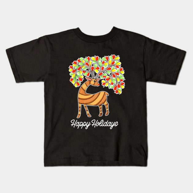 Folk art reindeer Kids T-Shirt by Prita_d